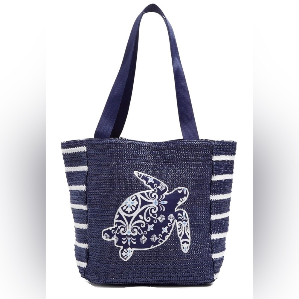 Vera Bradley Straw Tote- Steel Blue Medallion